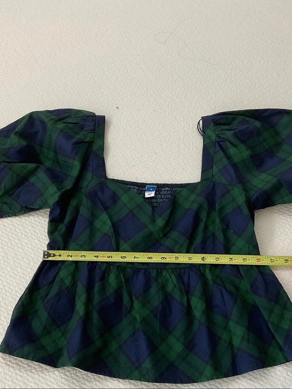 Girls' Green and Navy Plaid Peplum Top with Puff Sleeves